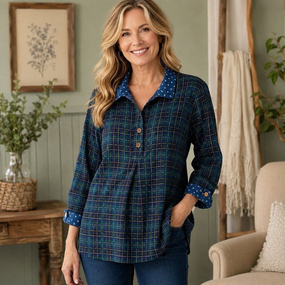 Appleseed’s Blue Green Tartan Plaid Cotton Popover Tunic Blouse Women XL Pockets